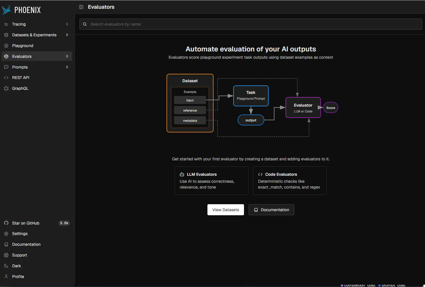 Arize Phoenix UI — datasets or experiments (screenshot 3).