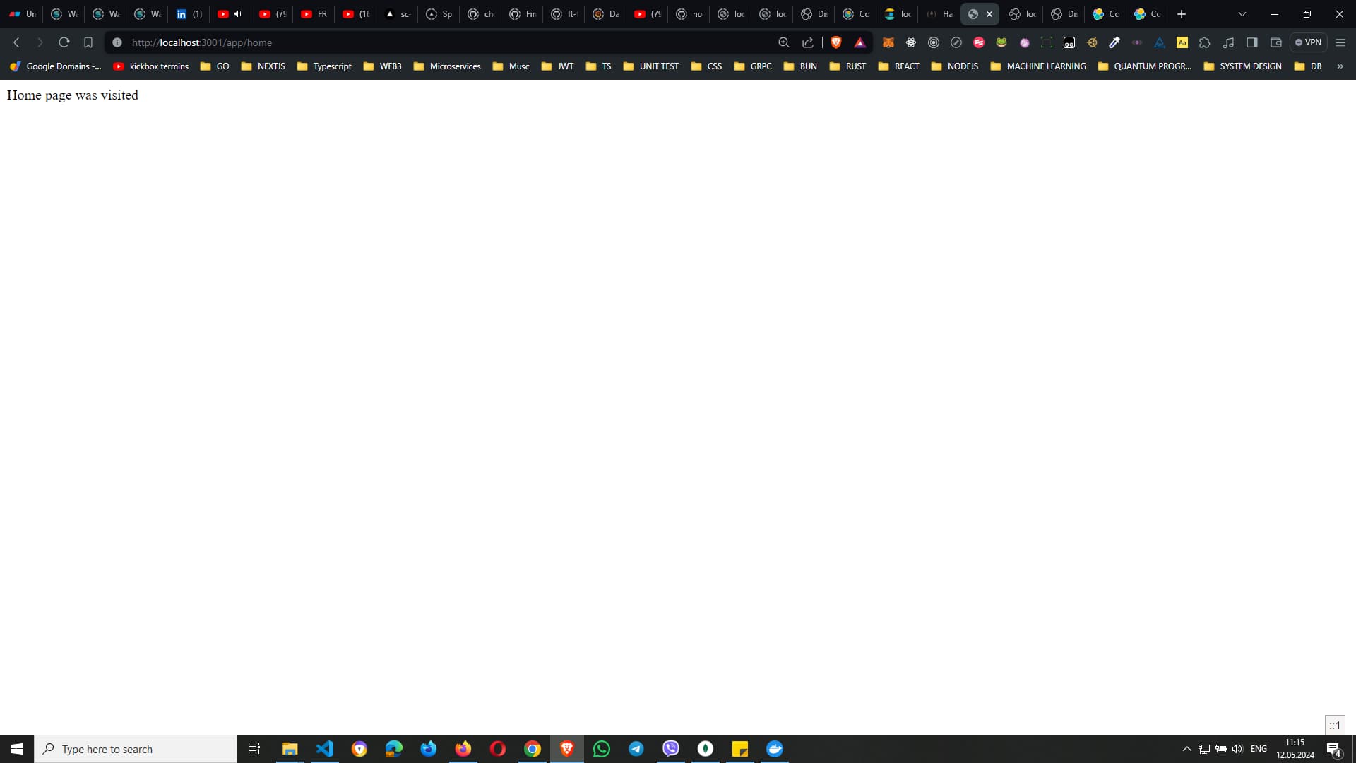 Browser window displaying a web page with the text `Home page was visited` from a local server running on https://localhost:3001/app/home