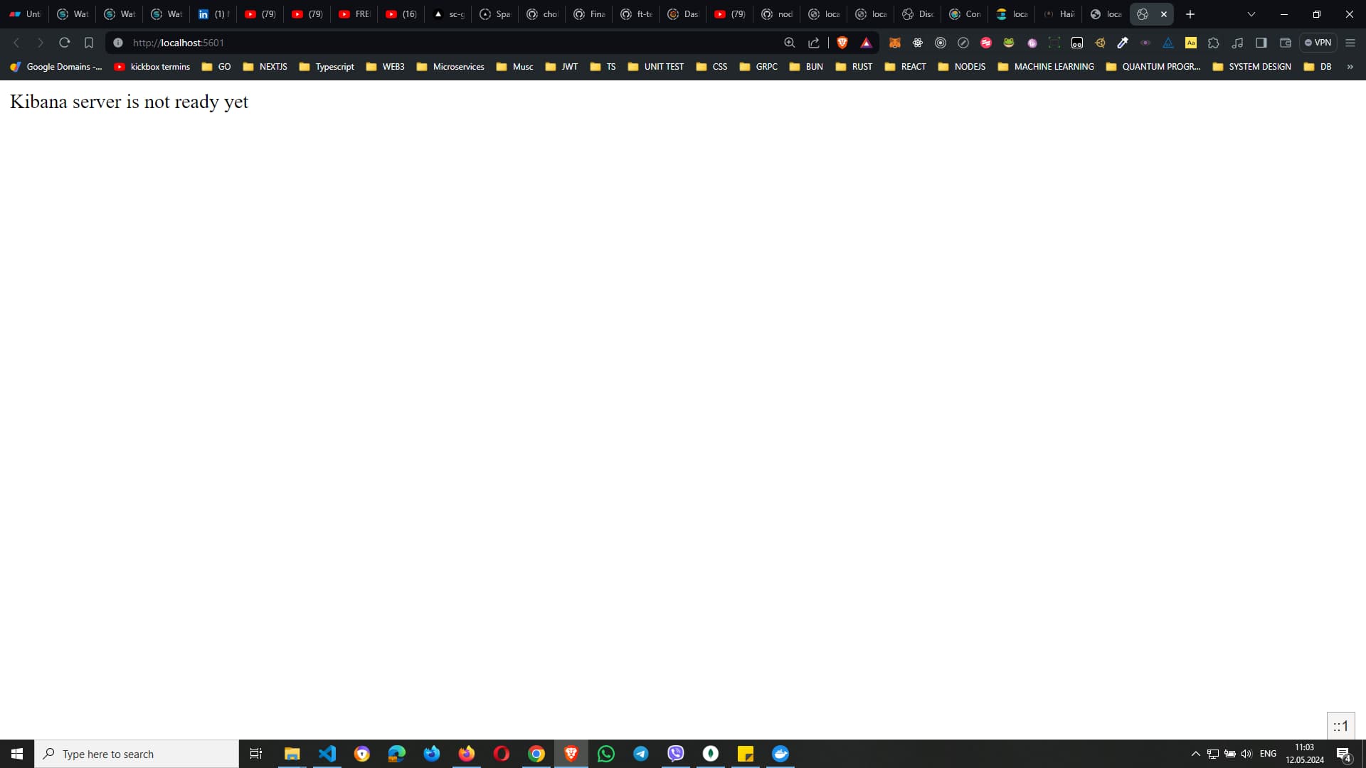 Browser window displaying the message `Kibana server is not ready yet` from a local Kibana instance running on https://localhost:5601
