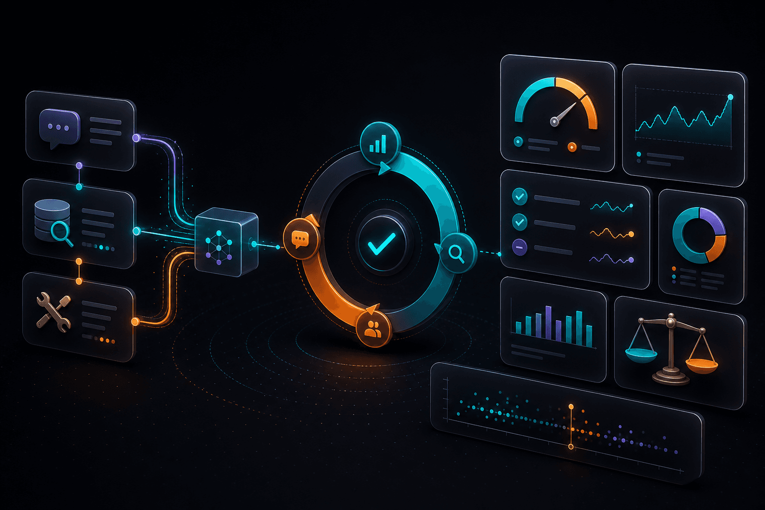 Abstract evaluation loop: LLM pipeline flowing into metric panels, gauges, and quality checks on a dark background with orange and cyan accents