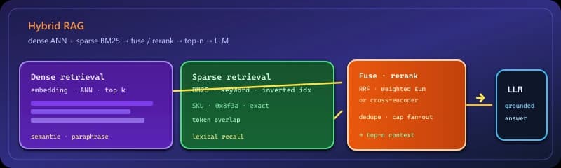 Hybrid RAG: dense and sparse retrieval merged or reranked before the LLM