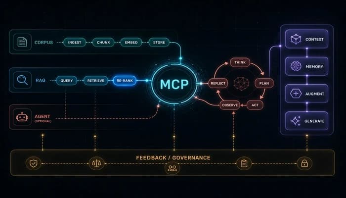 MCP Orchestration Hub — central MCP plane; Agents and RAG as tools