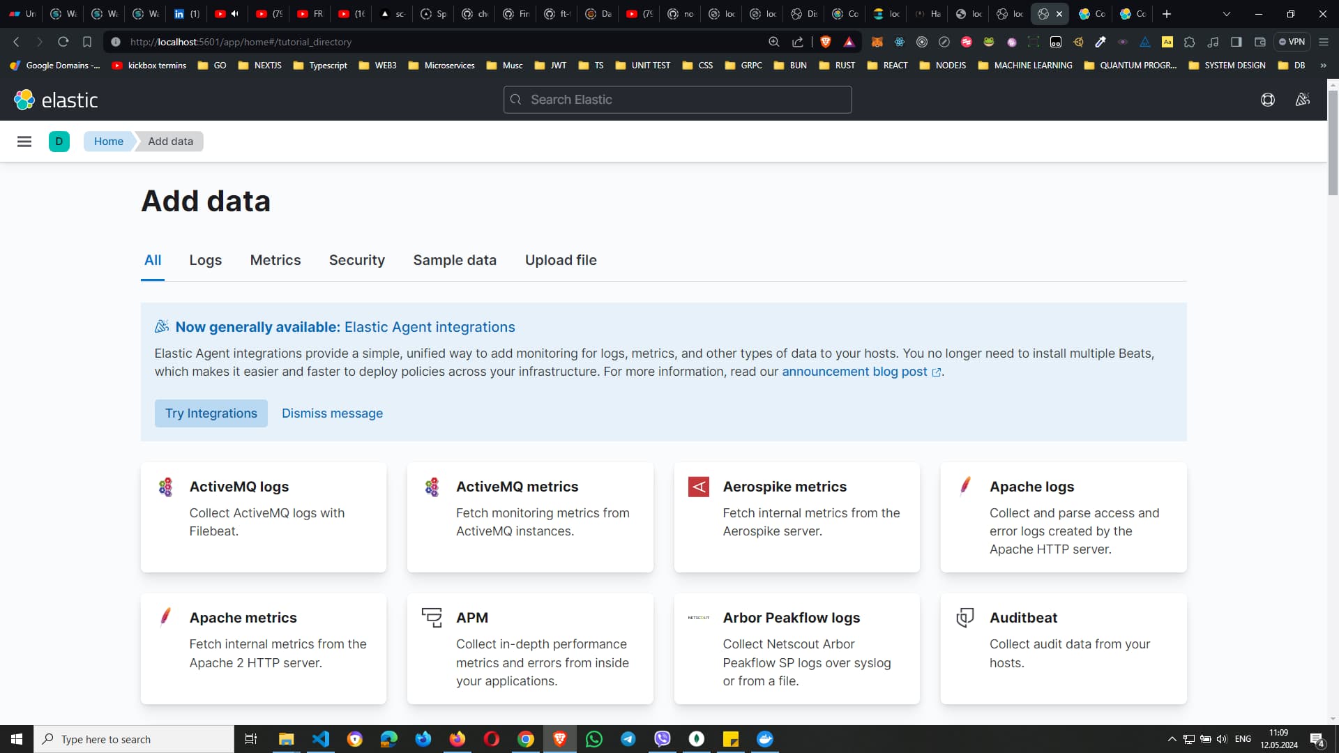 Screenshot of Elastic interface showing the `Add data` page with various options such as ActiveMQ logs, ActiveMQ metrics, Aerospike metrics, Apache logs, and more