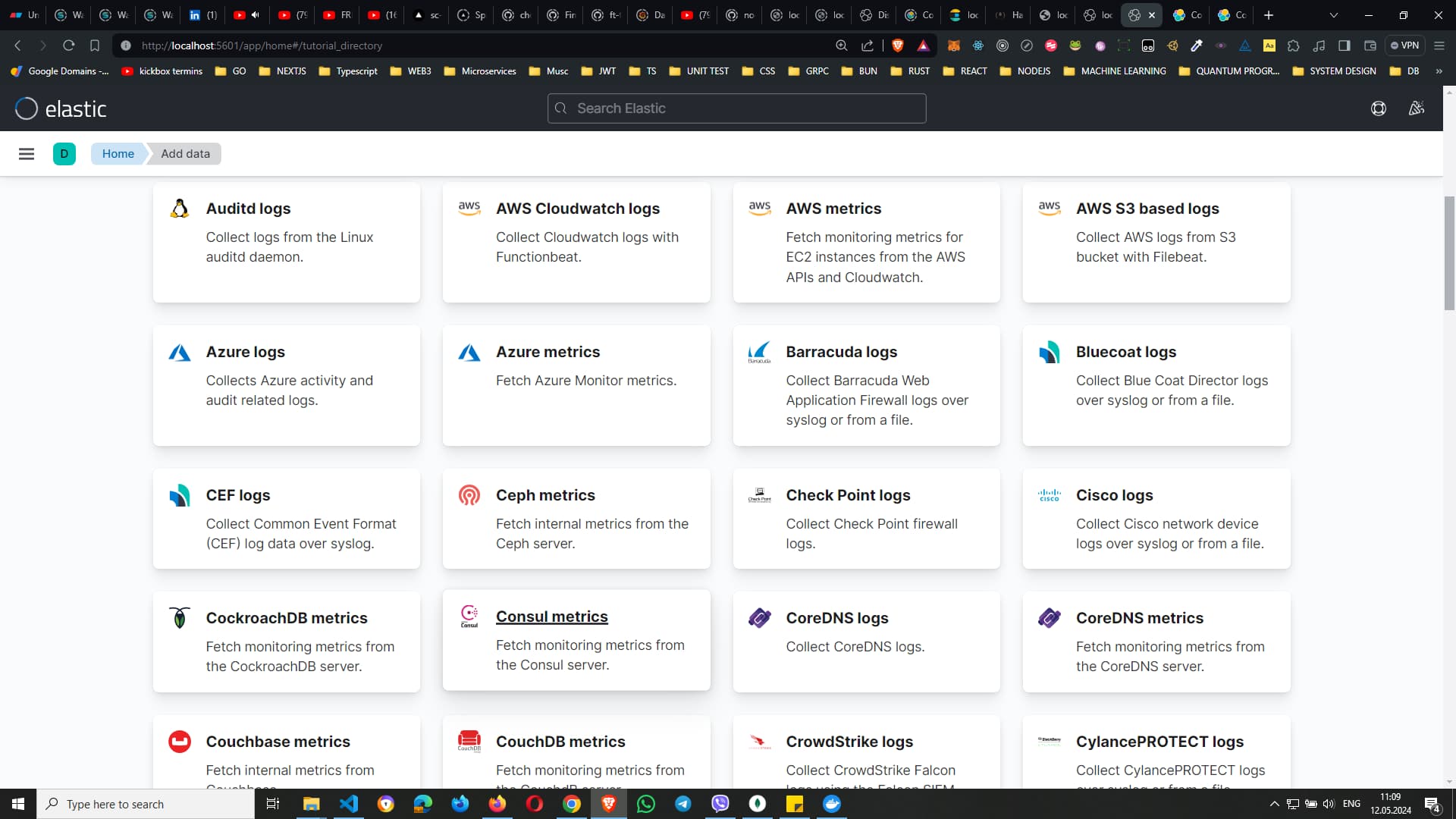 Screenshot of Elastic interface showing the `Add data` page with options such as Audit logs, AWS Cloudwatch logs, AWS metrics, Azure logs, Azure metrics, and more