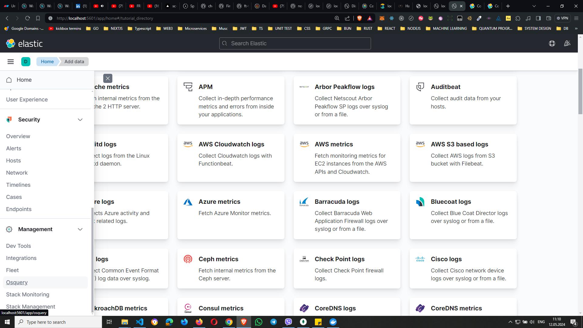 Screenshot of Elastic interface showing the `Add data` page with various integration options such as AWS Cloudwatch logs, AWS metrics, Azure metrics, Barracuda logs, and more, along with the sidebar menu open to Security and Management options