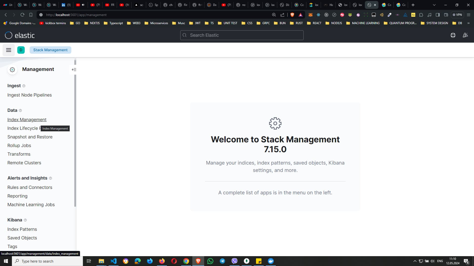 Screenshot of Elastic interface showing the `Welcome to Stack Management 7.15.0` page with the sidebar menu open to Management options