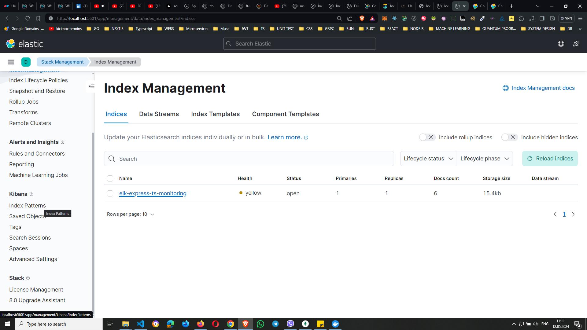 Screenshot of Elastic interface showing the `Index Management` page with details of the indices, including name, health status, primary and replica counts, document count, and storage size.