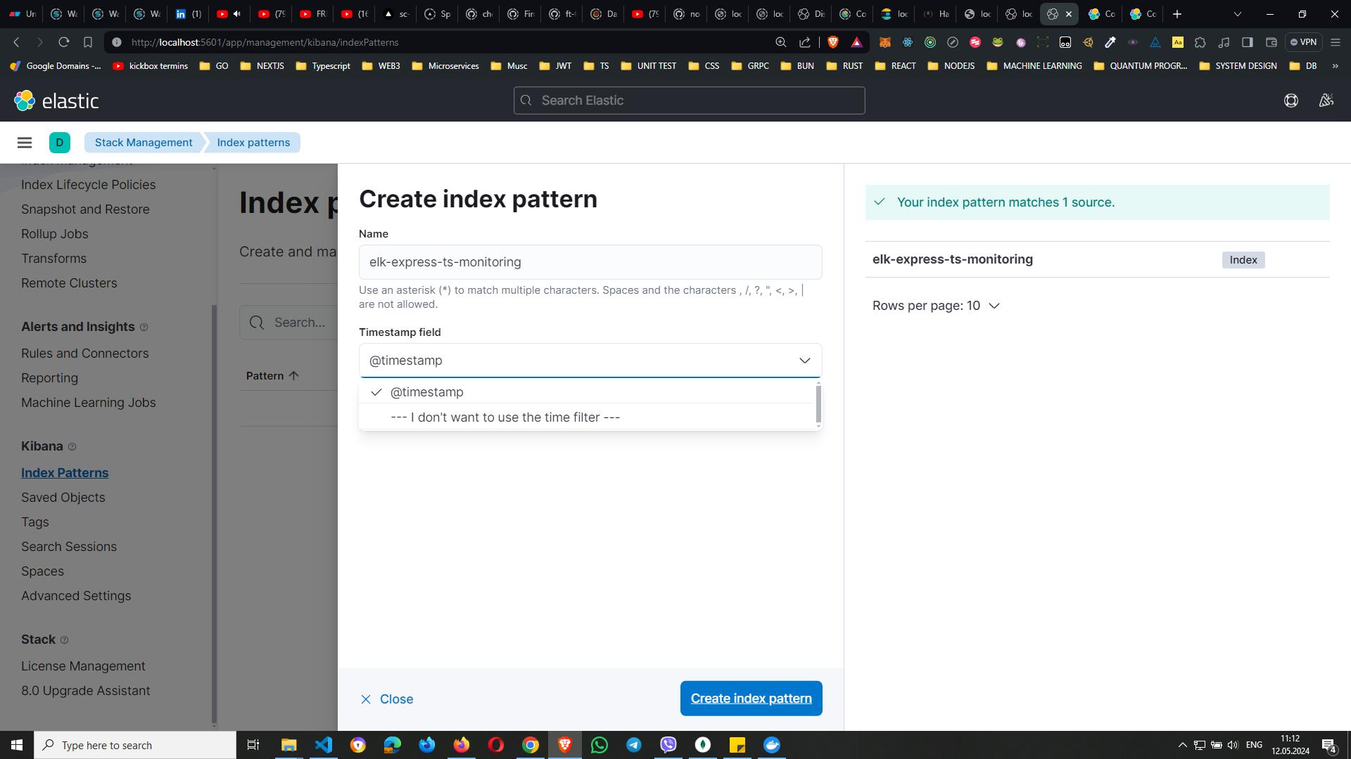 Screenshot of Elastic interface showing the `Create index pattern` page with fields for pattern name and timestamp, and a confirmation message indicating that the pattern matches one source