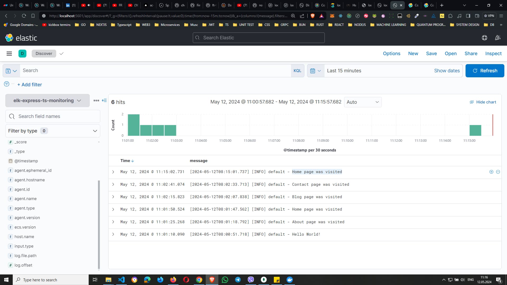 Screenshot of Elastic interface showing the `elk-express-ts-monitoring` index pattern page with a list of fields including timestamp, _id, _index, and more, indicating their type, format, and properties like searchable and aggregatable