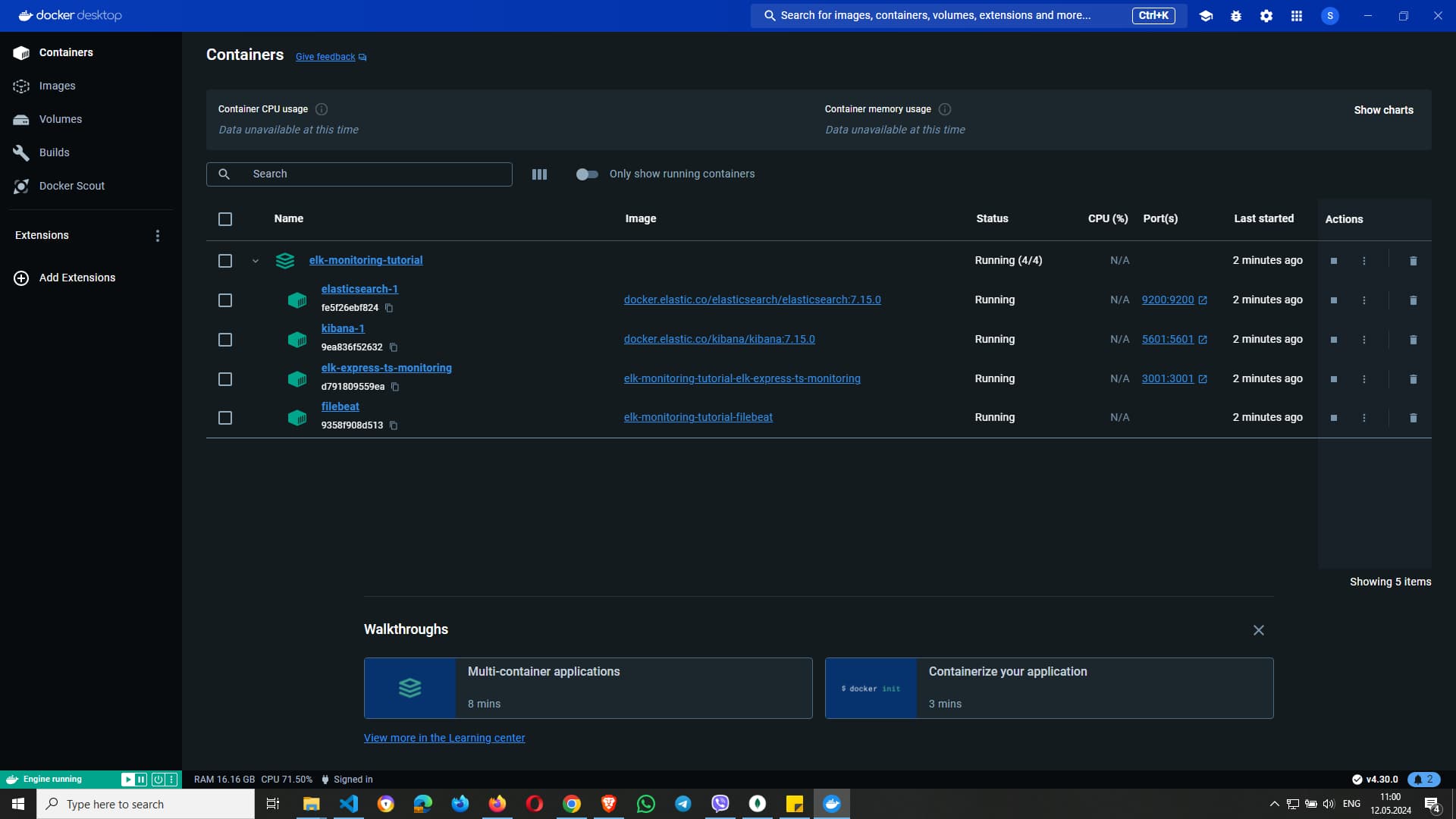 Docker Desktop showing a list of running containers including Elasticsearch, Kibana, and Filebeat, with details on their status, ports, and actions available.