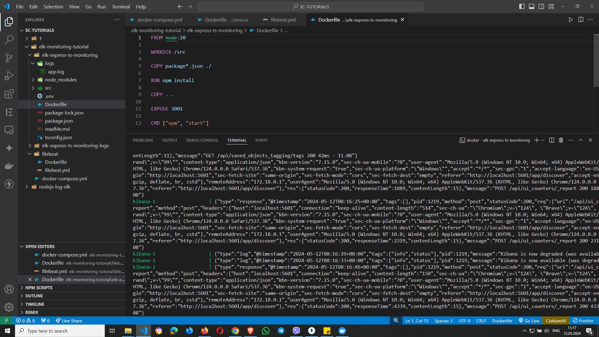 Screenshot of Visual Studio Code showing a Dockerfile for a Node.js project with ELK monitoring setup and terminal output displaying logs from the application.