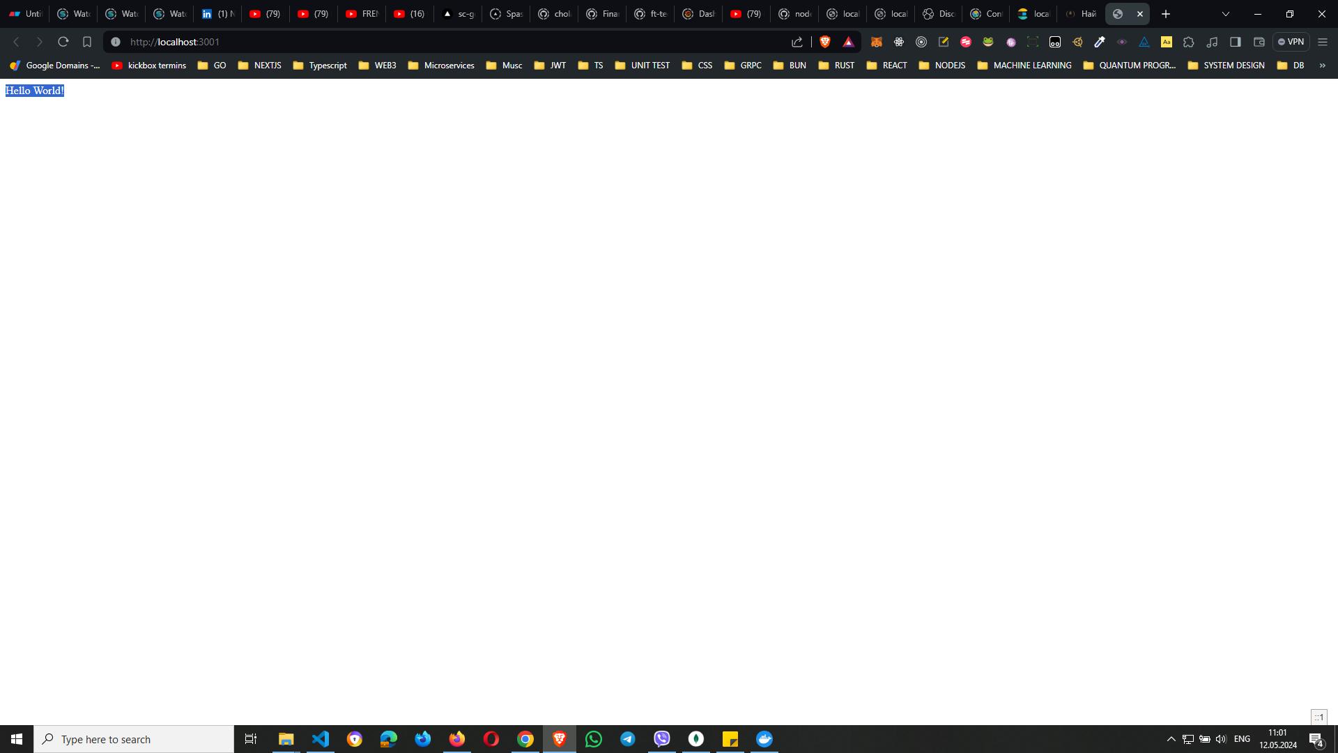 Browser window displaying a simple web page with the text `Hello World!` from a local server running on http://localhost:3001.