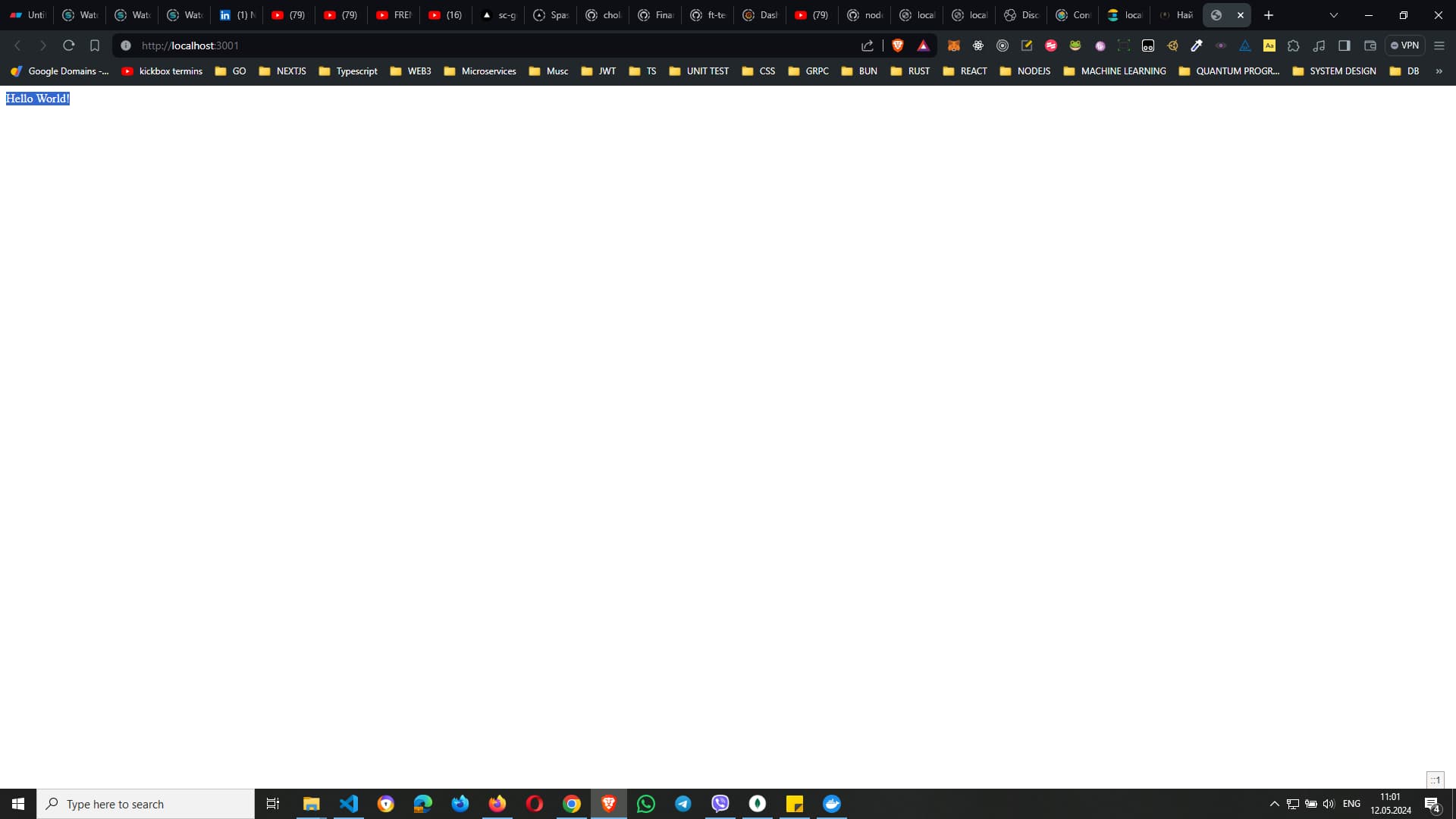 Browser window displaying a simple web page with the text `Hello World!` from a local server running on https://localhost:3001.
