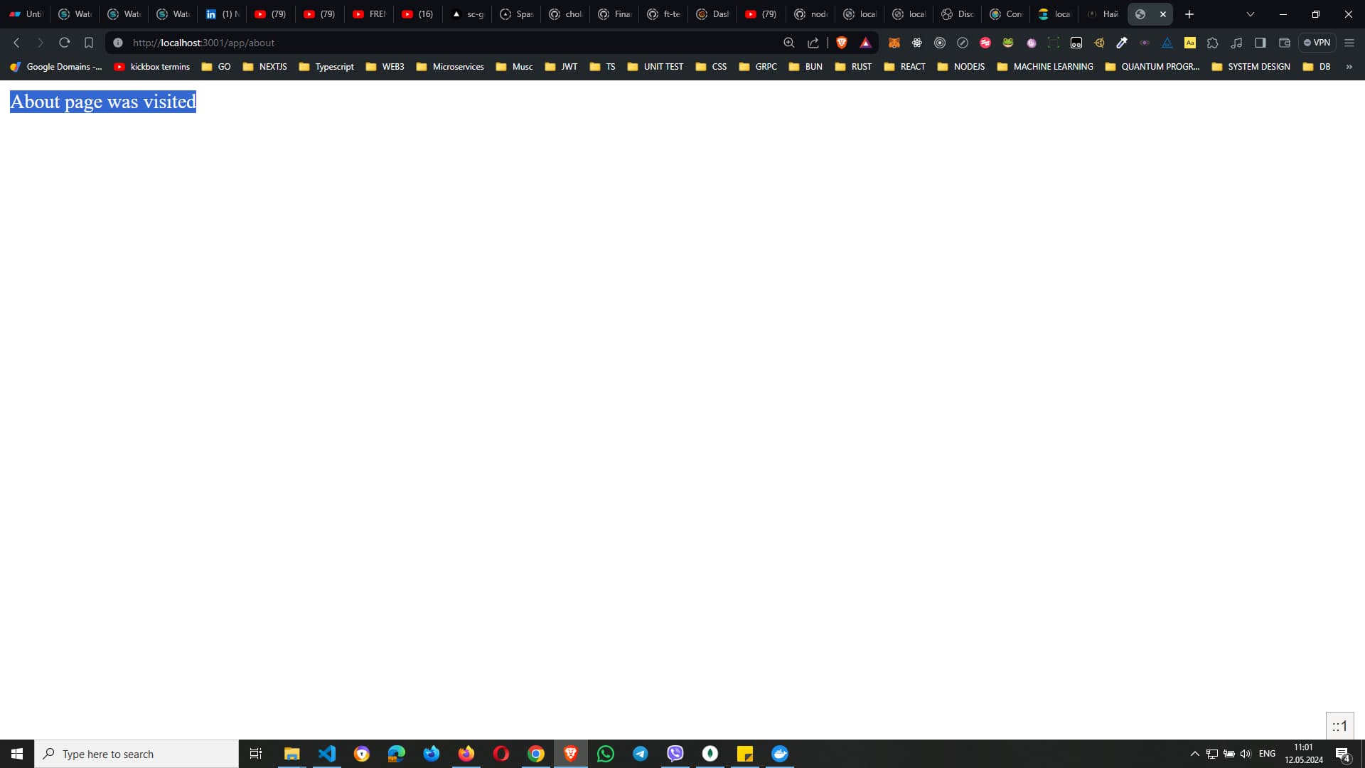 Browser window displaying a web page with the text `About page was visited` from a local server running on https://localhost:3001/app/about