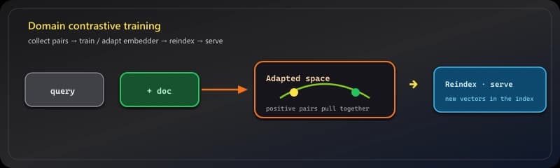 Fine-tuned embeddings: query and document pairs trained into an adapted vector space, then reindex