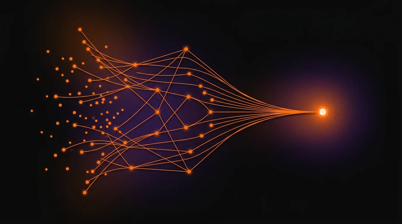 Abstract diagram: data points flow through a network toward an output — machine learning and inference