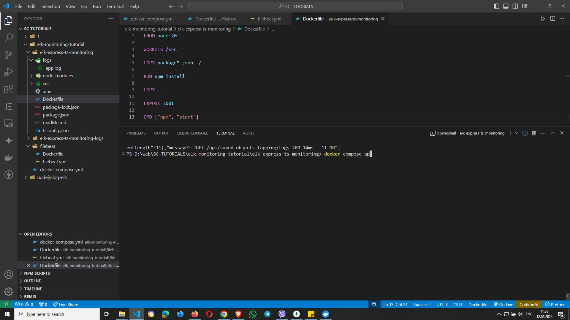 Dockerfile Setup for a Node.js Application in Visual Studio Code Dockerfile that sets up a Node.js application, showing steps like setting the base image, copying files, installing dependencies, exposing a port, and defining the start command, with a terminal running docker compose up