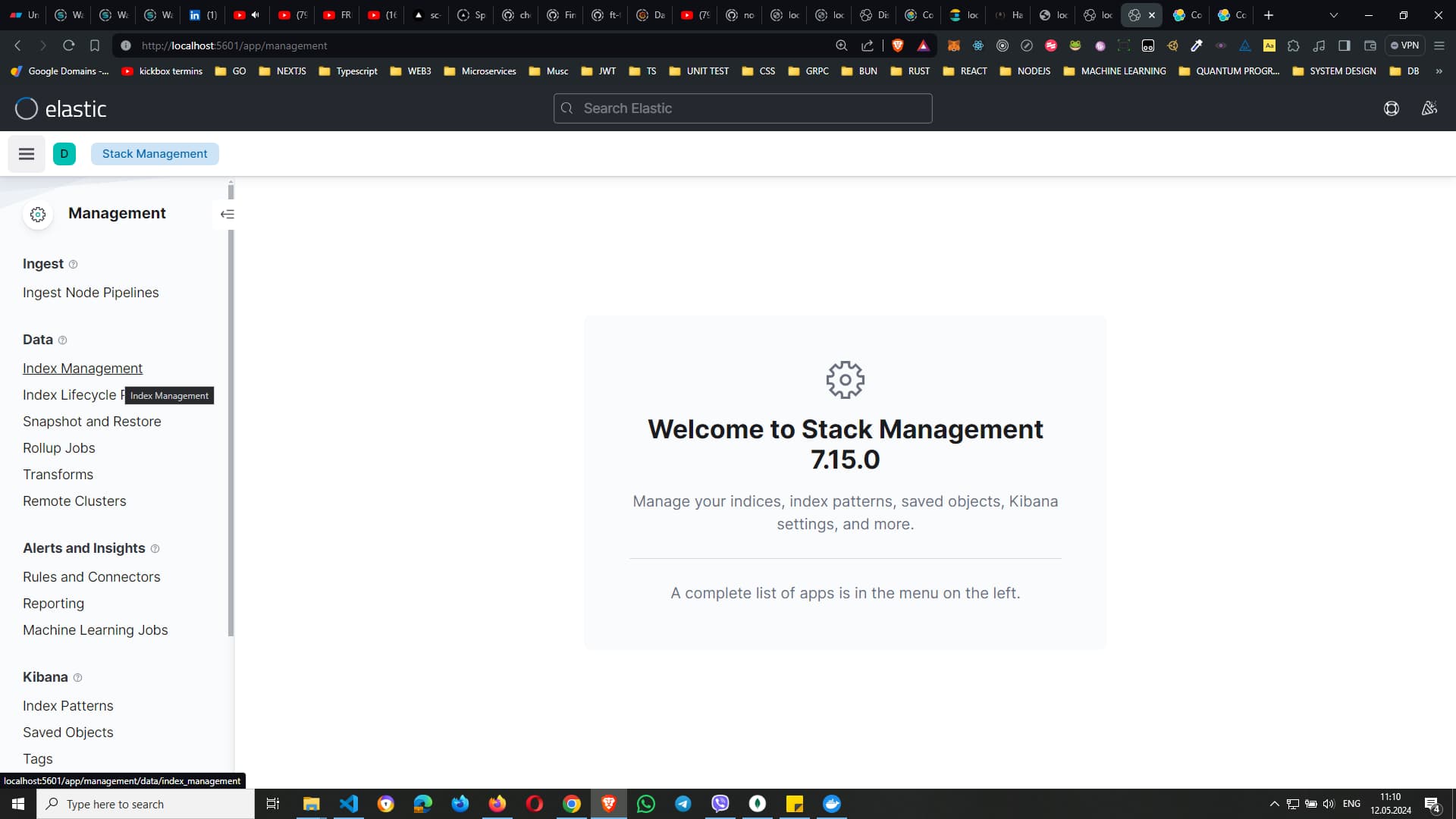 Elastic interface displaying `Welcome to Stack Management 7.15.0` page with Management options in the sidebar Screenshot of Elastic interface showing the `Welcome to Stack Management 7.15.0` page with the sidebar menu open to Management options
