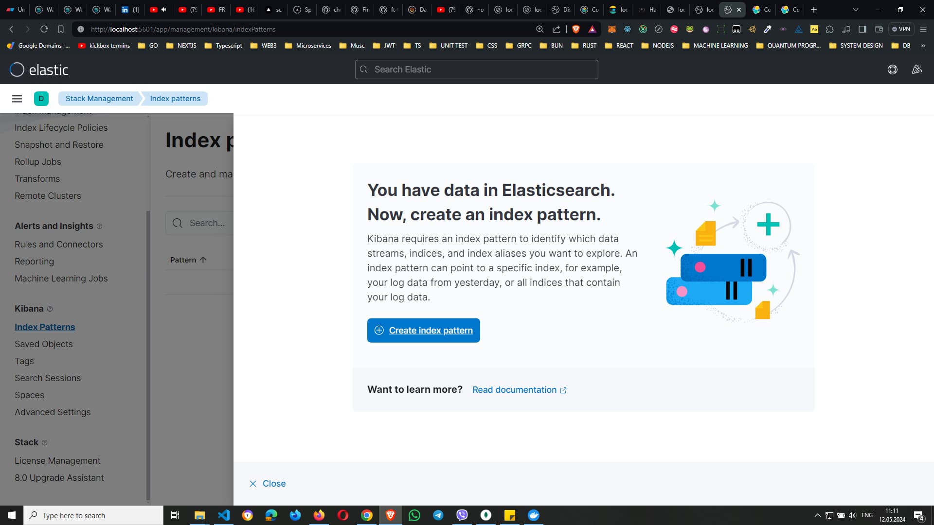 Elastic interface prompt to create an index pattern for existing data in Elasticsearch Screenshot of Elastic interface with a prompt to create an index pattern, stating `You have data in Elasticsearch. Now, create an index pattern.` and a button to create the index pattern